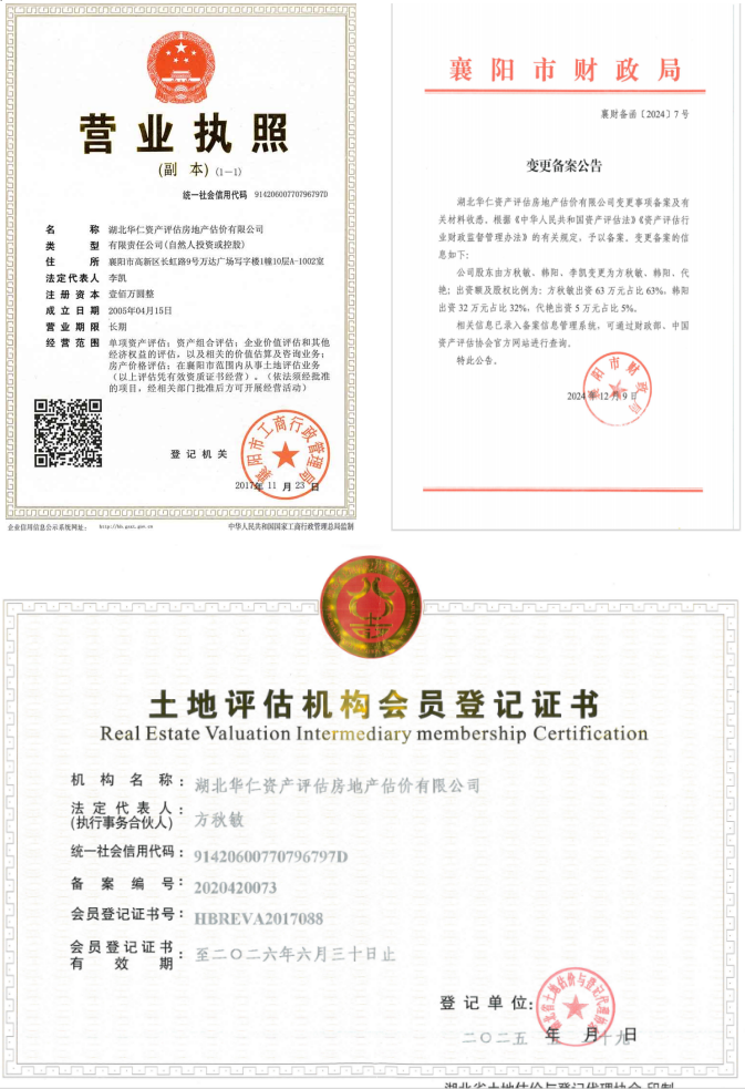 華仁資產(chǎn)評(píng)估房地產(chǎn)估價(jià)有限公司營(yíng)業(yè)執(zhí)照、資產(chǎn)評(píng)估備案公告、土地評(píng)估機(jī)構(gòu)登記證書(shū)